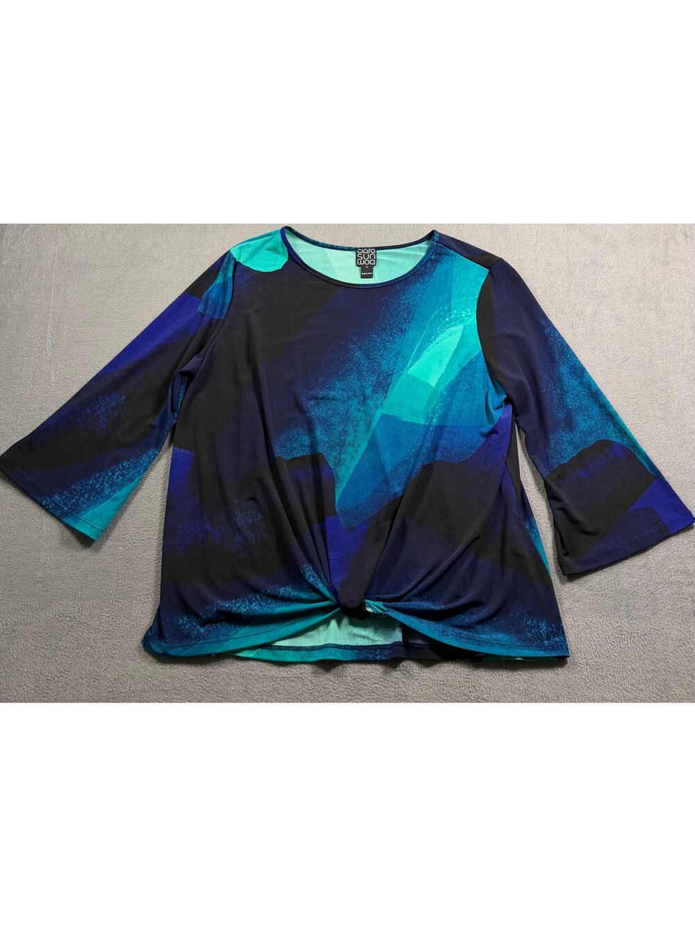Clara Sun Woo Top‎ Large Blue Abstract Knot Twist Front 3/4 Sleeve Blouse